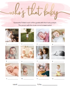 WAT-PNK-10-B1462 - WATERCOLOUR PINK - GOLD - WHO'S THAT BABY PHOTO GAME - 12 PHOTOS - 8" x 10": WAT-PNK-10-B1462 - WATERCOLOUR PINK - GOLD - WHO'S THAT BABY GAME