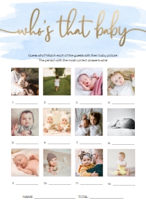 WAT-BLU-10-B1462 - WATERCOLOUR BLUE - GOLD - WHO'S THAT BABY PHOTO GAME - 12 PHOTOS - A5: WAT-BLU-10-B1462 - WATERCOLOUR BLUE - GOLD - WHO'S THAT BABY GAME