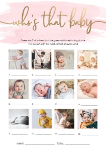 WAT-PNK-10-B1462 - WATERCOLOUR PINK - GOLD - WHO'S THAT BABY PHOTO GAME - 12 PHOTOS - A5: WAT-PNK-10-B1462 - WATERCOLOUR PINK - GOLD - WHO'S THAT BABY GAME