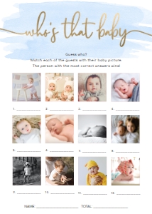 WAT-BLU-10-B1462 - WATERCOLOUR BLUE - GOLD - WHO'S THAT BABY PHOTO GAME - 12 PHOTOS - 5" x 7": WAT-BLU-10-B1462 - WATERCOLOUR BLUE - GOLD - WHO'S THAT BABY GAME