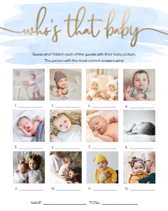 WAT-BLU-10-B1462 - WATERCOLOUR BLUE - GOLD - WHO'S THAT BABY PHOTO GAME - 12 PHOTOS - 8" x 10": WAT-BLU-10-B1462 - WATERCOLOUR BLUE - GOLD - WHO'S THAT BABY GAME
