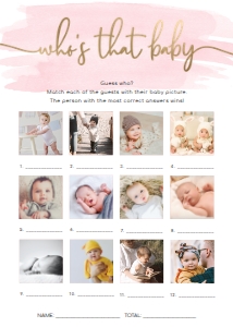 WAT-PNK-10-B1462 - WATERCOLOUR PINK - GOLD - WHO'S THAT BABY PHOTO GAME - 12 PHOTOS - 5" x 7": WAT-PNK-10-B1462 - WATERCOLOUR PINK - GOLD - WHO'S THAT BABY GAME
