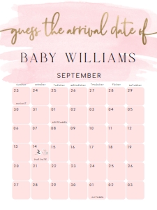 WAT-PNK-10-B1602 - WATERCOLOUR PINK - GOLD - GUESS THE ARRIVAL DATE SIGN - 18" x 24": WAT-PNK-10-B1602 - WATERCOLOUR PINK - GOLD - GUESS THE ARRIVAL DATE SIGN