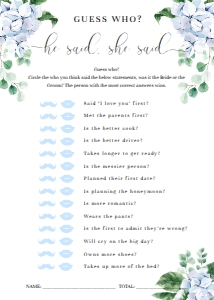 FER-BLU-10-B1604 - FERRAS BLOSSOM - BLUE - GUESS WHO HE SAID SHE SAID GAME - 5" x 7": FER-BLU-10-B2472 - FERRAS BLOSSOM - BLUE - BRIDAL SHOWER GAMES BUNDLE