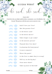 FER-BLU-10-B1604 - FERRAS BLOSSOM - BLUE - GUESS WHO HE SAID SHE SAID GAME - A5: FER-BLU-10-B2472 - FERRAS BLOSSOM - BLUE - BRIDAL SHOWER GAMES BUNDLE