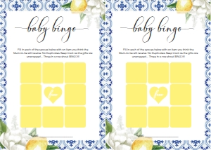 MED-BLU-10-B276 - THE MED - LEMONS - BABY SHOWER 9 SQUARE BINGO GAME - LETTER: MED-BLU-10-B279 - THE MED - LEMONS - BABY SHOWER GAMES BUNDLE