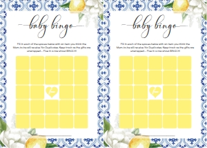 MED-BLU-10-B276 - THE MED - LEMONS - BABY SHOWER 25 SQUARE BINGO GAME - LETTER: MED-BLU-10-B279 - THE MED - LEMONS - BABY SHOWER GAMES BUNDLE