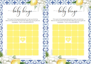 MED-BLU-10-B276 - THE MED - LEMONS - BABY SHOWER 25 SQUARE BINGO GAME - A4: MED-BLU-10-B279 - THE MED - LEMONS - BABY SHOWER GAMES BUNDLE