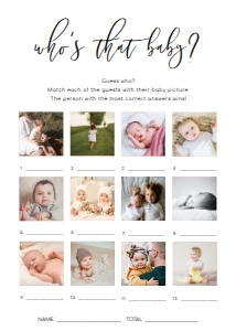 LUC-WHT-10-B1626 - LUCAS SCRIPT - WHITE - WHO'S THAT BABY PHOTO GAME - 12 PHOTOS - 5" x 7": LUC-WHT-10-B1626 - LUCAS SCRIPT - WHITE - WHO'S THAT BABY PHOTO GAME