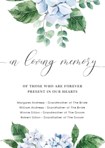 FER-BLU-7-B1627 - FERRAS BLOSSOM - BLUE - IN LOVING MEMORY SIGN - A4: FER-BLU-7-B1627 - FERRAS BLOSSOM - BLUE - IN LOVING MEMORY SIGN