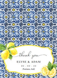 POS-BLY-6-B1630 - POSITANO BLUE TILE - LEMONS - FAVOUR BAG TOPPER - 5.5" x 4": POS-BLY-6-B1630 - POSITANO BLUE TILE - LEMONS - FAVOUR BAG TOPPER