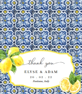POS-BLY-6-B1630 - POSITANO BLUE TILE - LEMONS - FAVOUR BAG TOPPER - 3.5" x 4": POS-BLY-6-B1630 - POSITANO BLUE TILE - LEMONS - FAVOUR BAG TOPPER