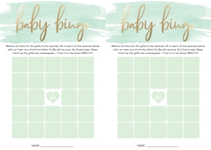 WAT-GRE-10-B451 - WATERCOLOUR GREEN - GOLD FOIL - BABY SHOWER BINGO GAME - 25 SQUARE - LETTER: WAT-GRE-10-B598 - WATERCOLOUR GREEN - GOLD - BABY SHOWER GAMES BUNDLE