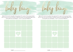 WAT-GRE-10-B451 - WATERCOLOUR GREEN - GOLD FOIL - BABY SHOWER BINGO GAME - 25 SQUARE - A4: WAT-GRE-10-B598 - WATERCOLOUR GREEN - GOLD - BABY SHOWER GAMES BUNDLE