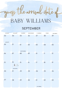 WAT-BLU-10-B1602 - WATERCOLOUR BLUE - GOLD - GUESS THE ARRIVAL DATE SIGN - 24" x 36": WAT-BLU-10-B1602 - WATERCOLOUR BLUE - GOLD - GUESS THE ARRIVAL DATE SIGN