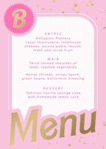 BAR-PNK-12-B1638 - BARBIE PARTY - PINK GOLD - MENU - 5" x 7": BAR-PNK-12-B1638 - BARBIE PARTY - PINK GOLD - MENU