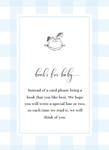 GIN-BLU-2-B1645 - GINGHAM  - BLUE ROCKING HORSE - BOOKS FOR BABY CARD - 5.5" x 4": GIN-BLU-1-B1646 - GINGHAM - BLUE - ROCKING HORSE BABY SHOWER INVITATION SUITE