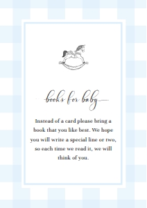 GIN-BLU-2-B1645 - GINGHAM  - BLUE ROCKING HORSE - BOOKS FOR BABY CARD - A7: GIN-BLU-1-B1646 - GINGHAM - BLUE - ROCKING HORSE BABY SHOWER INVITATION SUITE