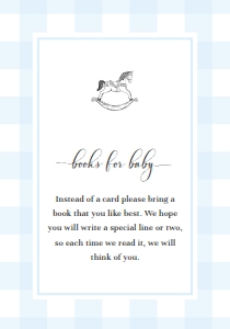 GIN-BLU-2-B1645 - GINGHAM  - BLUE ROCKING HORSE - BOOKS FOR BABY CARD - 3.5" x 5": GIN-BLU-1-B1646 - GINGHAM - BLUE - ROCKING HORSE BABY SHOWER INVITATION SUITE