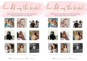 WAT-PNK-10-B1647 - WATERCOLOUR PINK - GOLD - HOW OLD WAS THE BRIDE PHOTO GAME - A4: WAT-PNK-10-B593 - WATERCOLOUR PINK - GOLD FOIL - BRIDAL SHOWER GAMES BUNDLE