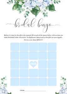 FER-BLU-10-B1664 - FERRAS BLOSSOM - BLUE - BRIDAL BINGO GAME - 25 SQUARE - 5" x 7": FER-BLU-10-B2472 - FERRAS BLOSSOM - BLUE - BRIDAL SHOWER GAMES BUNDLE