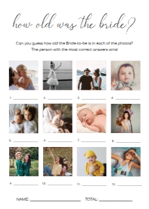 QSC-WHT-10-B1675 - QUINN SCRIPT - WHITE - HOW OLD WAS THE BRIDE PHOTO GAME - 5" x 7": QSC-WHT-10-B1686 - QUINN SCRIPT - WHITE - BRIDAL SHOWER GAMES BUNDLE