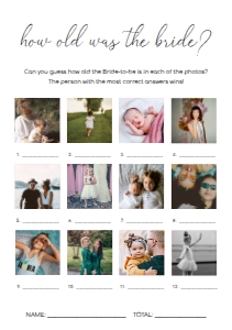 QSC-WHT-10-B1675 - QUINN SCRIPT - WHITE - HOW OLD WAS THE BRIDE PHOTO GAME - A5: QSC-WHT-10-B1686 - QUINN SCRIPT - WHITE - BRIDAL SHOWER GAMES BUNDLE
