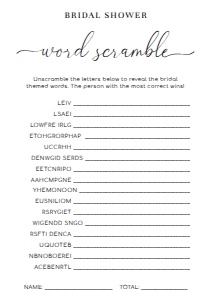 QSC-WHT-10-B1679 - QUINN SCRIPT - WHITE - BRIDAL WORD SCRAMBLE GAME - A5: QSC-WHT-10-B1686 - QUINN SCRIPT - WHITE - BRIDAL SHOWER GAMES BUNDLE