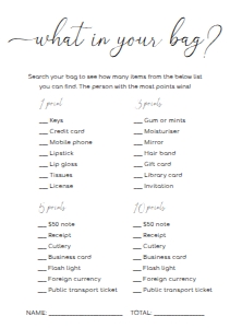 QSC-WHT-10-B1677 - QUINN SCRIPT - WHITE - WHAT'S IN YOUR BAG GAME - A5: QSC-WHT-10-B1686 - QUINN SCRIPT - WHITE - BRIDAL SHOWER GAMES BUNDLE