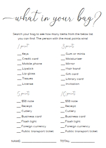 QSC-WHT-10-B1677 - QUINN SCRIPT - WHITE - WHAT'S IN YOUR BAG GAME - 5" x 7": QSC-WHT-10-B1686 - QUINN SCRIPT - WHITE - BRIDAL SHOWER GAMES BUNDLE