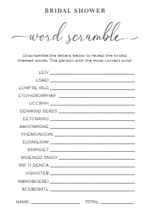 QSC-WHT-10-B1679 - QUINN SCRIPT - WHITE - BRIDAL WORD SCRAMBLE GAME - 5" x 7": QSC-WHT-10-B1686 - QUINN SCRIPT - WHITE - BRIDAL SHOWER GAMES BUNDLE