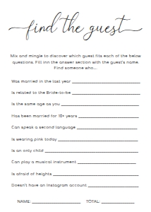 QSC-WHT-10-B1680 - QUINN SCRIPT - WHITE - FIND THE GUEST GAME - 5" x 7": QSC-WHT-10-B1686 - QUINN SCRIPT - WHITE - BRIDAL SHOWER GAMES BUNDLE