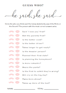 QSC-WHT-10-B1681 - QUINN SCRIPT - WHITE - GUESS WHO GAME - 5" x 7": QSC-WHT-10-B1686 - QUINN SCRIPT - WHITE - BRIDAL SHOWER GAMES BUNDLE