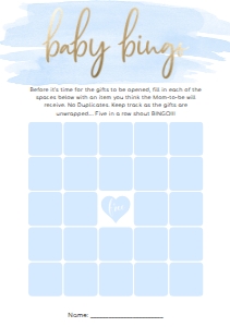 WAT-BLU-10-B451 - WATERCOLOUR BLUE - GOLD FOIL - BABY SHOWER BINGO 25 SQUARE GAME - A5: WAT-BLU-10-B598 - WATERCOLOUR BLUE - GOLD - BABY SHOWER GAMES BUNDLE