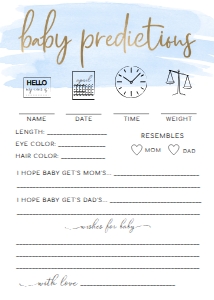 WAT-BLU-10-B400 - WATERCOLOUR BLUE - GOLD FOIL - BABY PREDICTIONS GAME - 5" x 7": WAT-BLU-10-B598 - WATERCOLOUR BLUE - GOLD - BABY SHOWER GAMES BUNDLE