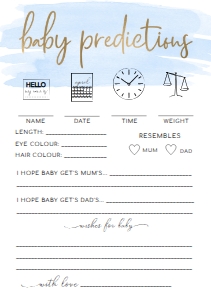 WAT-BLU-10-B400 - WATERCOLOUR BLUE - GOLD FOIL - BABY PREDICTIONS GAME - A5: WAT-BLU-10-B598 - WATERCOLOUR BLUE - GOLD - BABY SHOWER GAMES BUNDLE