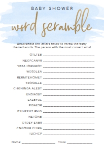 WAT-BLU-10-B596 - WATERCOLOUR BLUE - GOLD - BABY SHOWER WORD SCRAMBLE GAME - A5: WAT-BLU-10-B598 - WATERCOLOUR BLUE - GOLD - BABY SHOWER GAMES BUNDLE