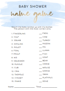 WAT-BLU-10-B595 - WATERCOLOUR BLUE - GOLD - BABY ANIMAL NAME GAME - 5" x 7": WAT-BLU-10-B598 - WATERCOLOUR BLUE - GOLD - BABY SHOWER GAMES BUNDLE