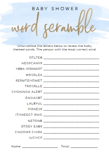 WAT-BLU-10-B596 - WATERCOLOUR BLUE - GOLD - BABY SHOWER WORD SCRAMBLE GAME - 5" x 7": WAT-BLU-10-B598 - WATERCOLOUR BLUE - GOLD - BABY SHOWER GAMES BUNDLE