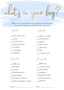 WAT-BLU-10-B584 - WATERCOLOUR BLUE - GOLD - WHAT'S IN YOUR BAG GAME - 5" x 7": WAT-BLU-10-B598 - WATERCOLOUR BLUE - GOLD - BABY SHOWER GAMES BUNDLE