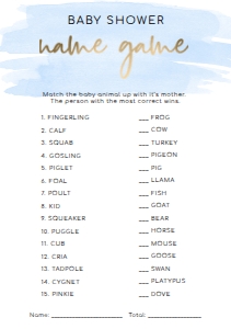 WAT-BLU-10-B595 - WATERCOLOUR BLUE - GOLD - BABY ANIMAL NAME GAME - A5: WAT-BLU-10-B598 - WATERCOLOUR BLUE - GOLD - BABY SHOWER GAMES BUNDLE