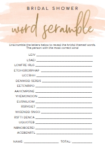 WAT-PEA-10-B583 - WATERCOLOUR PEACH - GOLD FOIL - BRIDAL WORD SCRAMBLE GAME - 5" x 7": WAT-PEA-10-B593 - WATERCOLOUR PEACH - GOLD FOIL - BRIDAL SHOWER GAMES BUNDLE