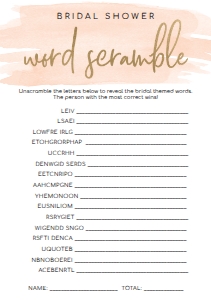 WAT-PEA-10-B583 - WATERCOLOUR PEACH - GOLD FOIL - BRIDAL WORD SCRAMBLE GAME - A5: WAT-PEA-10-B593 - WATERCOLOUR PEACH - GOLD FOIL - BRIDAL SHOWER GAMES BUNDLE