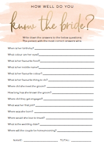 WAT-PEA-10-B585 - WATERCOLOUR PEACH - GOLD FOIL - KNOW THE BRIDE GAME - 5" x 7": WAT-PEA-10-B593 - WATERCOLOUR PEACH - GOLD FOIL - BRIDAL SHOWER GAMES BUNDLE