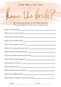 WAT-PEA-10-B585 - WATERCOLOUR PEACH - GOLD FOIL - KNOW THE BRIDE GAME - A5: WAT-PEA-10-B593 - WATERCOLOUR PEACH - GOLD FOIL - BRIDAL SHOWER GAMES BUNDLE