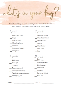 WAT-PEA-10-B584 - WATERCOLOUR PEACH - GOLD - WHAT'S IN YOUR BAG GAME - 5" x 7": WAT-PEA-10-B593 - WATERCOLOUR PEACH - GOLD FOIL - BRIDAL SHOWER GAMES BUNDLE