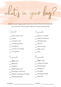 WAT-PEA-10-B584 - WATERCOLOUR PEACH - GOLD - WHAT'S IN YOUR BAG GAME - A5: WAT-PEA-10-B593 - WATERCOLOUR PEACH - GOLD FOIL - BRIDAL SHOWER GAMES BUNDLE