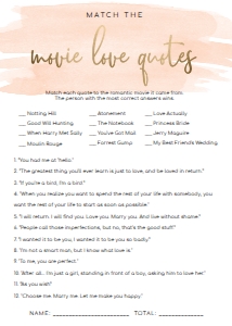 WAT-PEA-10-B586 - WATERCOLOUR PEACH - GOLD FOIL - MOVIE LOVE QUOTES GAME - 5" x 7": WAT-PEA-10-B593 - WATERCOLOUR PEACH - GOLD FOIL - BRIDAL SHOWER GAMES BUNDLE