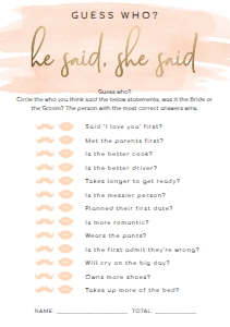 WAT-PEA-10-B590 - WATERCOLOUR PEACH - GOLD FOIL - GUESS WHO GAME - A5: WAT-PEA-10-B593 - WATERCOLOUR PEACH - GOLD FOIL - BRIDAL SHOWER GAMES BUNDLE