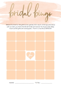 WAT-PEA-10-B592 - WATERCOLOUR PEACH - GOLD FOIL - BRIDAL BINGO 25 SQUARE GAME - A5: WAT-PEA-10-B593 - WATERCOLOUR PEACH - GOLD FOIL - BRIDAL SHOWER GAMES BUNDLE